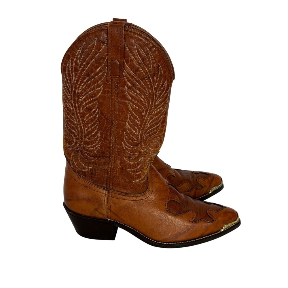 Acme Vintage Leather Western‎ Cowboy Boots 9B Made in USA Brass Toe Taps Mens 9D